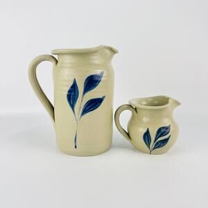 Williamsburg Pottery Pitchers Set of 2 Salt Glazed Blue Leaf 6 1/4 & 3 1/4”